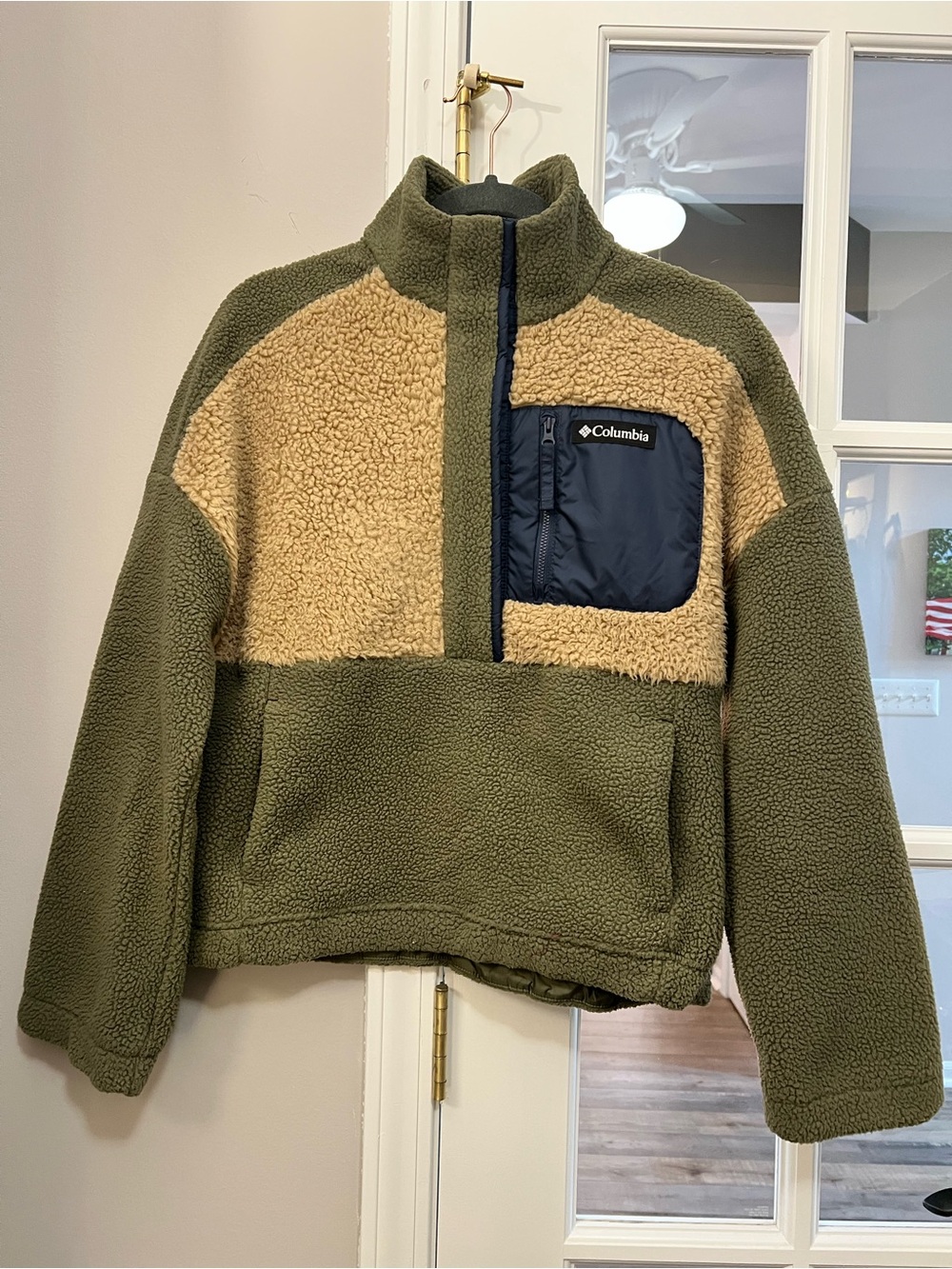 Columbia womens Olive, Tan & Navy Sherpa Half-Zip Pullover Sz S EUC